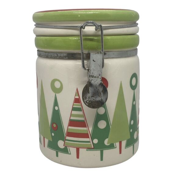 Christmas Trees Wire Bail Lidded Candy Coffee Treat Crock Canister Lucerne Foods - Picture 2 of 16